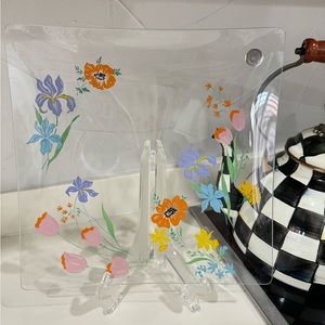 Vintage Dorothy Thorpe MCM Square Glass Tray Spring Flowers Floral Platter 12.5”